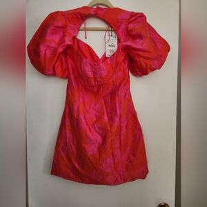 ZARA NWT Open Back Mini Dress, Puff Sleeves Fuchsia Red Pink
